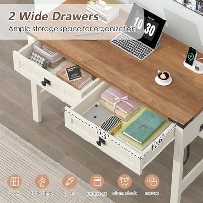 YOMILUVE Farmhouse Computer Desk with 2 Drawers, 39 Inch Small Office Computer Desk with Power Outlets, Compact Writing Study Desk for Small Spaces, Antique White - color: Antique White