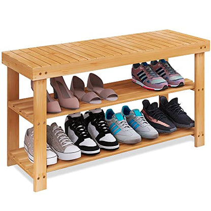 SMIBUY Bamboo Shoe Rack Bench, 3-Tier Shoe Organizer Storage Shelf for Entryway Hallway Bathroom Living Room (Natural) - color: Natural