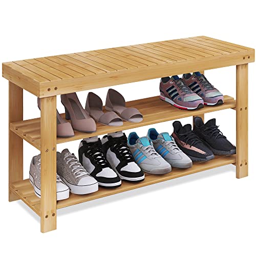 SMIBUY Bamboo Shoe Rack Bench, 3-Tier Shoe Organizer Storage Shelf for Entryway Hallway Bathroom Living Room (Natural) - color: Natural