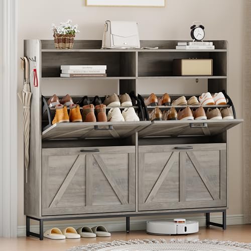 Wodeer Shoe Cabinet Storage for Entryway, Shoe Storage Cabinet with 4 Flip Drawers, Freestanding Narrow Shoe Rack Organizer with Metal Legs, Adjustable Shelves & Open Storage for Foyer, Hallway, Grey - color: Grey, style: 4 Drawers