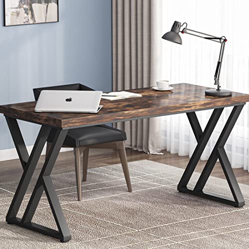 LITTLE TREE 55 Inch Large Simple Industrial Computer Desk Study Writing Table Home Office Workstation,Rustic Brown - color: Brown+black
