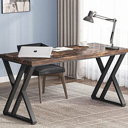 LITTLE TREE 55 Inch Large Simple Industrial Computer Desk Study Writing Table Home Office Workstation,Rustic Brown - color: Brown+black