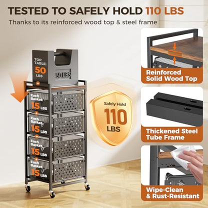 5 Tier Kitchen Storage Cart with Wheels, Utility Fruit Vegetable Storage Rack Stand with Pull-Out Baskets & Wood Top, Metal 4-Drawers Rolling Snack Cart, Kitchen Cart for Potato Onion(Black) - color: Black