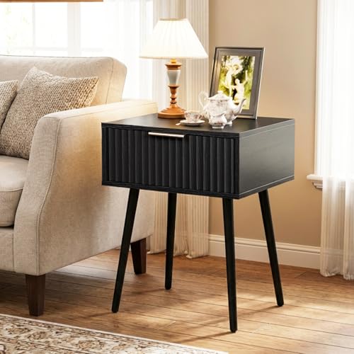 VINGLI Nightstands Set of 2, Fluted Night Stand with Drawer, Bedside Table, Wood Nightstand for Bedroom, Mid Century Modern End Tables, Black, 18.9" W*14.96" D*24" H - color: Black, size: 19"W-1 Drawer