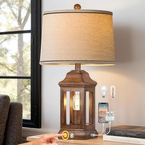 24" Rustic Farmhouse Table Lamps for Living Room, Single Pack Touch Dimmable Nightlight Vintage Bedside Lamps with USB A+C Ports & Dual Light Sources for Bedroom Nightstand End Table, Wood Grain - color: Wood Grain