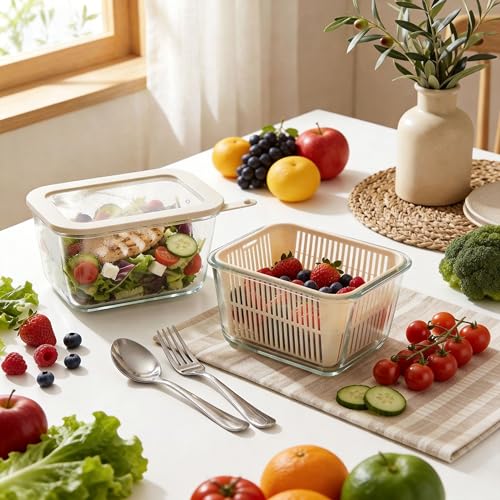 Urban Green Glass Food Storage Containers with Glass Lids, Microwave Safe Food Container Set, Aitight Meal Prep Container Set, BPA Free, 2 extra Colanders, LeakProof, 2 Pack of 60oz - color: Ivory White- 2RT