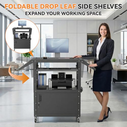 Mobile AV Cart with Drop Leaves & Adjustable Height, Rolling Computer Cart with Pullout Keyboard Tray – Locking Cabinet, 3 Outlets&2 USB Ports, Lock Brake Casters, Utility Cart for Office/Classroom - size: Style 3 18"D x 24"W x 43.3"H