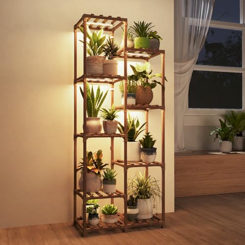 Bamworld Plant Stand with Grow Lights Indoor Outdoor 9 Tier Tall Large Wood Plant Shelf Multi Tier Flower Stands Garden Shelves Wooden Plant Display Holder Rack for Living Room Corner - color: Brown, size: 9 Tiers - Pro