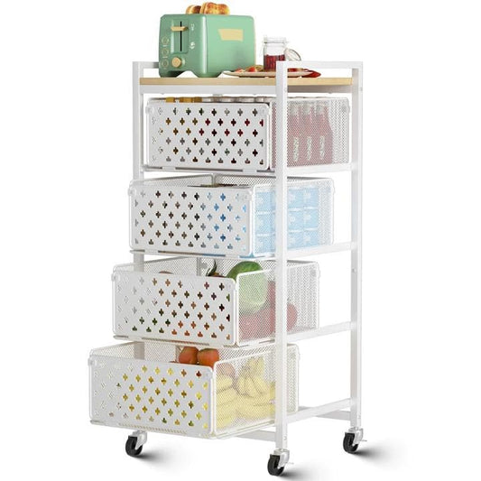 5 Tier Kitchen Storage Cart with Wheels, Utility Fruit Vegetable Storage Rack Stand with Pull-Out Baskets & Wood Top, Metal 4-Drawers Rolling Snack Cart, Kitchen Cart for Potato Onion(White) - color: White