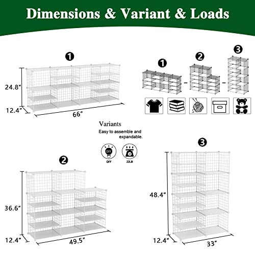 C&AHOME Wire Cube Storage Unit, Interlocking Metal Wire Organizer with Divider Design, Modular Cabinet with Plastic Panels, Bookshelf Stackable Closet Organizer with Small Hooks, White UWCSIM08W - color: White