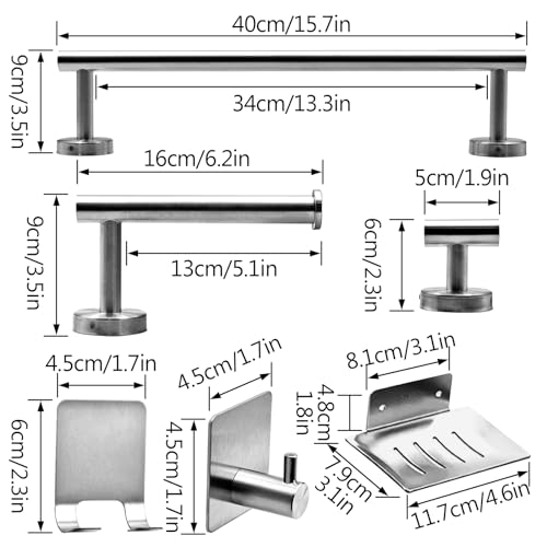 9 PCS Bathroom Hardware Set, Brushed Nickel Stainless Steel Bathroom Tower Rack Set Wall Mounted Includes 16" Towel Bar, Toilet Towel Paper Holder, 6 Robe Towel Hooks, 1 Soap Holder - color: 9pcs-brushed Nickel