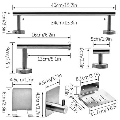 9 PCS Bathroom Hardware Set, Brushed Nickel Stainless Steel Bathroom Tower Rack Set Wall Mounted Includes 16" Towel Bar, Toilet Towel Paper Holder, 6 Robe Towel Hooks, 1 Soap Holder - color: 9pcs-brushed Nickel