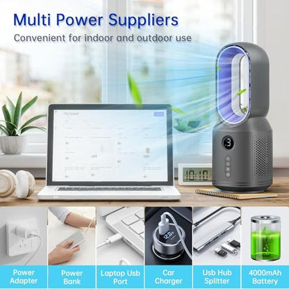 Desk Fan,13 Inch Portable Bladeless Fan, Small Quiet Office Fan with 106° Oscillating, 3 Speeds & Night light, LED Display,Button Control, Personal Battery Operated Table Fan for Bedroom, Office, Home - color: Purple