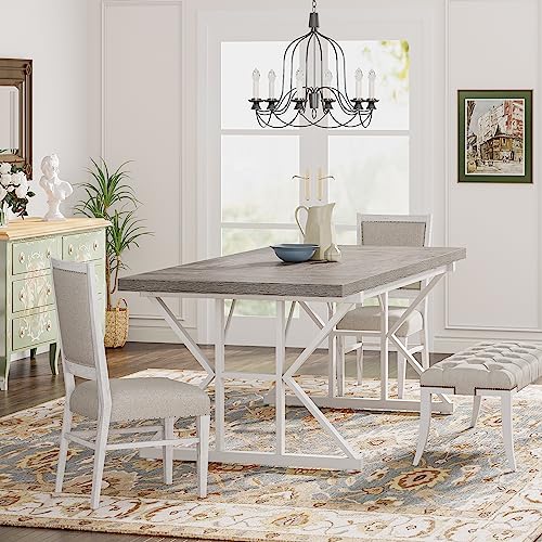 Tribesigns Farmhouse Dining Table for 6 People, 70.8-Inch Rectangular Wood Dining Table, Rustic Kitchen Table with Heavy Duty Metal Legs for Dining Room(Grey) - color: Grey/White