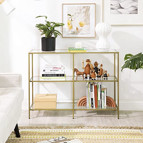 VASAGLE 39.4 Inch Console Table with 3 Shelves, Sofa Tables, Modern Entryway Table, Metal Frame, Tempered Glass Shelf, Entryway Living Room Bedroom, Metallic Gold and Transparent ULGT27G - color: Metallic Gold + Transparent, size: 39.4"W