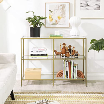 VASAGLE 39.4 Inch Console Table with 3 Shelves, Sofa Tables, Modern Entryway Table, Metal Frame, Tempered Glass Shelf, Entryway Living Room Bedroom, Metallic Gold and Transparent ULGT27G - color: Metallic Gold + Transparent, size: 39.4"W