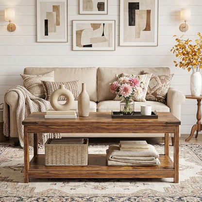Homieasy 43.3” Rectangular Coffee Table with Storage Shelf, Rustic Brown | Farmhouse Wood Center Table for Living Room, Modern Black Tea Table with Open Shelf - color: Rustic Brown
