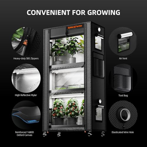 Spider Farmer 4 Tier Plant Stand with Grow Lights Indoor Greenhouse Shelf | 120W Full Spectrum LED Grow Lights, Grow Tent Cover with Visual Curtain and Blackout Curtain, Waterproof Trays, Movable Wheel - size: M-28x14x59in