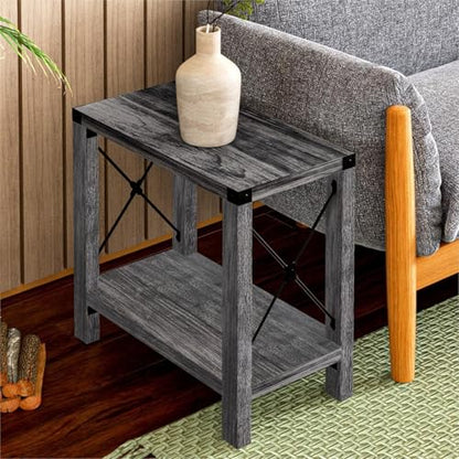 GAZHOME Farmhouse End Table for Small Spaces, Set of 2,Narrow Side End Table with Storage Shelf, Rustic X-Design Nightstand Sofa Table for Living Room, Bedroom Gray - color: Grey