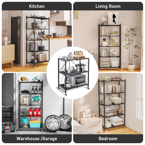 Foldable Storage Shelves with Wheels, Folding Shelving Units Storage, Heavy Duty Metal Collapsible Shelf No Assembly, Large Capacity Pop-Up Organizer for Garage,Kitchen,Living Room, 3-Tier Black