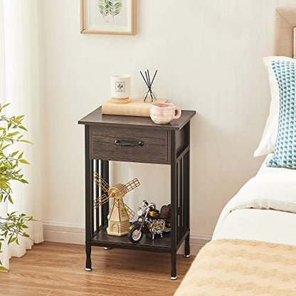 VECELO Nightstands, Industrial Side/End Tables with Drawer and Storage Shelf, Night Stands for Bedroom, Living Room, Wood Metal Furniture, Easy Assembly, 1 Pack, Grey