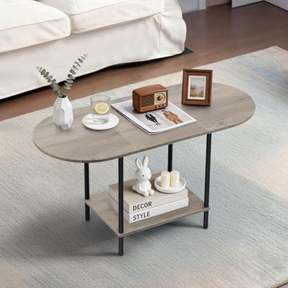 Small Coffee Table,35.4'' Oval Coffee Table with Storage Shelf & Metal Frame,Low Cocktail Tea Accent Table for Apartment,Modern Mid Century Small Living Room Table,Rustic Grey - color: Grey