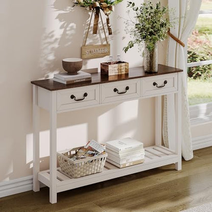 ChooChoo 47" Farmhouse Console Table with 3 Drawers, Rustic Entryway Table, Narrow Long Sofa Table for Living Room, Hallway, Behind Couch, Soft White and Brown - color: Soft White and Brown, size: 11.81"D x 47.24"W x 31.3"H