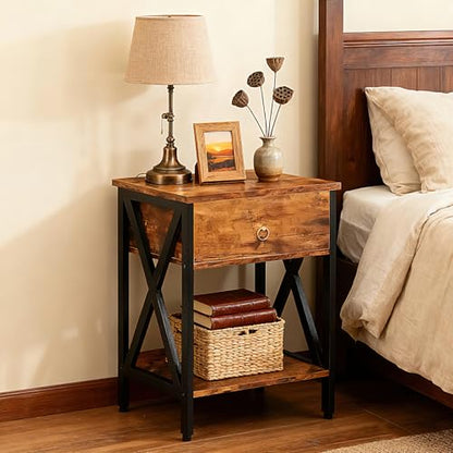 JMLHMXC Nightstands Industrial Bedside End Tables with Drawer and Storage Shelf,Small Side Table for Bedroom, Living Room, Sofa Couch,Brown
