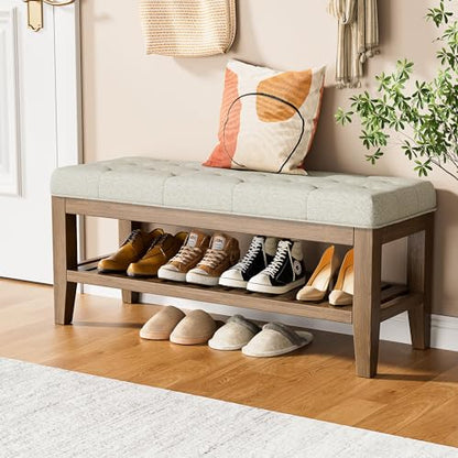 YaFiti End of Bed Storage Bench, 42.9" Entryway Shoe Bench with Solid Wood Shelf, Upholstered Ottoman with Padded Seat for Bedroom, Hallway and Living Room, Beige - color: Beige