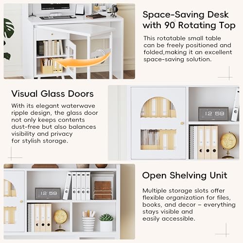 Wooden Computer Gaming Desk with 90 Degree Rotating Desktop, Study Writing Desk with Open Shelves, Storage Drawer and Cabinets, Work Desk for Home Office Bedroom Living Room (White-03) - color: White-03