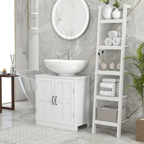 kleankin Pedestal Sink Storage Cabinet, Under Sink Cabinet with 2 Doors and Adjustable Shelf, Bathroom Vanity with U-Shape Cut-Out, White - color: White