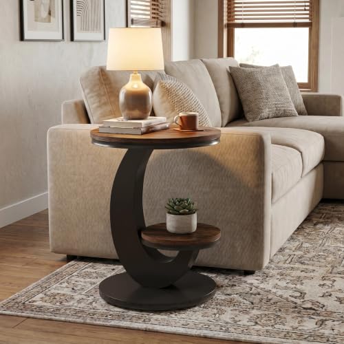 Tribesigns Round End Table with 2-Tier Shelf Storage,C Shaped Wood Side Table for Couch with Metal Frame,Modern Nightstand Accent Table for Living Room,Bedroom,Small Space (Brown) - color: Brown
