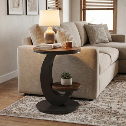Tribesigns Round End Table with 2-Tier Shelf Storage,C Shaped Wood Side Table for Couch with Metal Frame,Modern Nightstand Accent Table for Living Room,Bedroom,Small Space (Brown) - color: Brown
