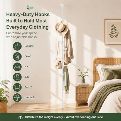 Coat Rack Freestanding, 56 to 125 inch Adjustable Tension Rod Coat Tree with 12 Hooks for Hanging Plant,Coat, Jacket, Hat, Scarf, Suitable for Living Room, Balcony, Kitchen White - color: White