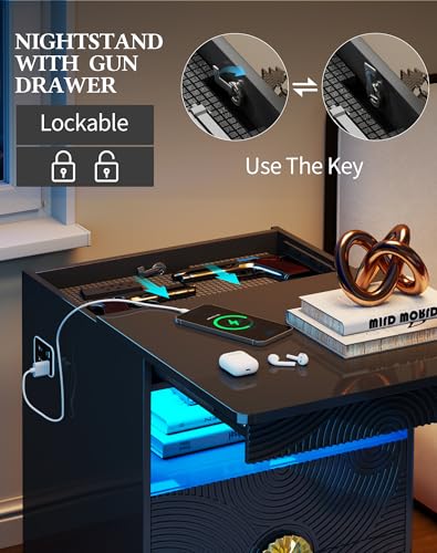 LED Nightstand with Gun Drawer, Modern Bedside Table with 3-Color Lights & Human Sensor, Smart Night Stand with Charger Station, 2 Drawers End Table for Bedroom, Black - color: New-modern Black