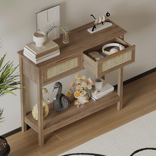 Trironsun Farmhouse Rattan Console Table with 2 Drawers 2 Tier Boho Narrow Long Sofa Table Natural with Open Storage Shelf Wood Entryway Table for Living Room Hallway Foyer - color: Caramel Oak