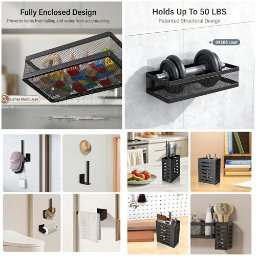 PUSDON 5-in-1 Wide Wall Mount Wrapped Mesh Kitchen Organizer & Shower Caddy Kit, with Paper Towel Holder, Utensil Holder, Soap Dish, Heavy Duty 50LBS - Matte Black, Netting - color: Matte Black, size: 5-in-1 Full Mesh (12.6" Wide)