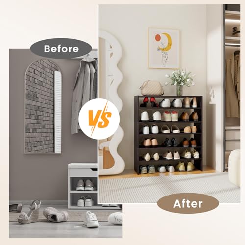 COSTWAY 6-Tier Shoe Rack, Extra Wide Shoe Shelf Organizer with Stackable Design, 31" Freestanding Storage Shoe Stand for Small Space Entryway Hallway Closet (Brown) - color: Brown