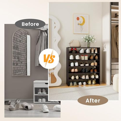 COSTWAY 6-Tier Shoe Rack, Extra Wide Shoe Shelf Organizer with Stackable Design, 31" Freestanding Storage Shoe Stand for Small Space Entryway Hallway Closet (Brown) - color: Brown