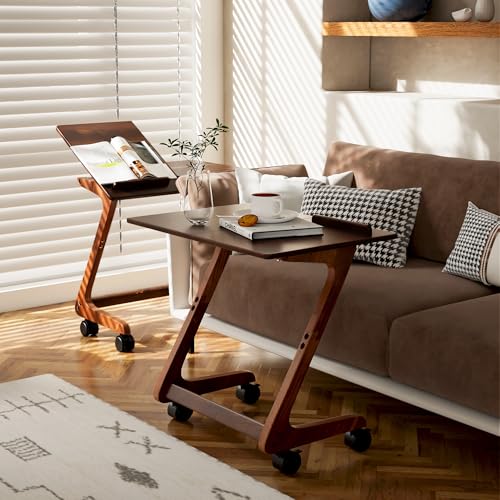 TV Tray Table with Casters, Solid Rubberwood End Tables, Sofa Side Table Couch Table Laptop Desk Removable Snack Tray for Coffee Bed Sofa Eating Writing Reading Living Room Bedroom, Dark Walnut - color: Dark Walnut