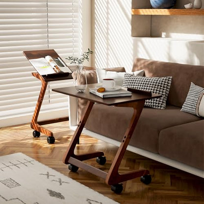 TV Tray Table with Casters, Solid Rubberwood End Tables, Sofa Side Table Couch Table Laptop Desk Removable Snack Tray for Coffee Bed Sofa Eating Writing Reading Living Room Bedroom, Dark Walnut - color: Dark Walnut