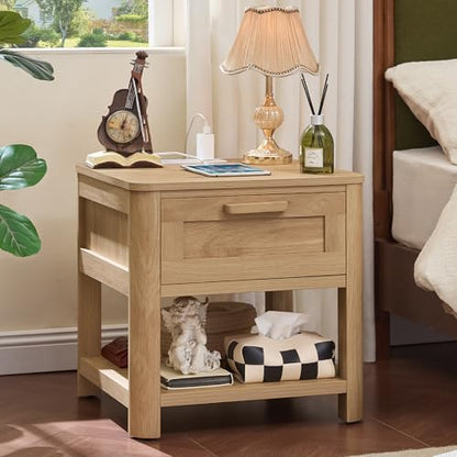 Joaxswe Farmhouse Side Tables Living Room, Small Nightstand with 1 Drawers & Open Shelving & 4 Thickened Table Legs, Natural Wood - color: Natural, size: Single