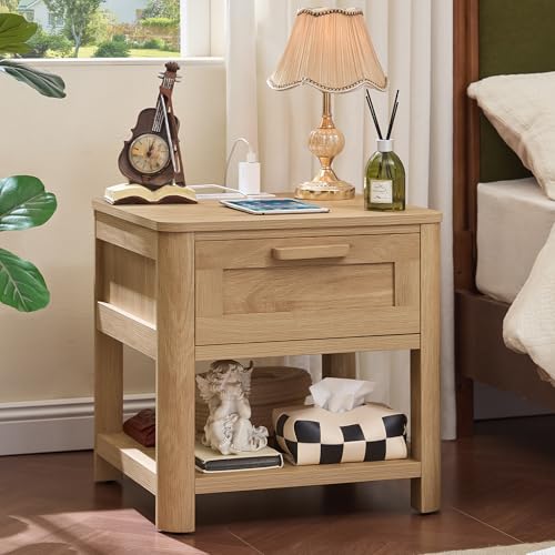 Joaxswe Farmhouse Side Table Set of 2 Living Room, Small Night Stand with 1 Drawers & Open Shelving & 4 Thickened Table Legs, Natural Wood - color: Natural, size: Set of 2