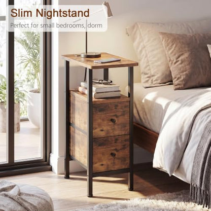 LOAKEKEL Narrow End Table with Charging Station, Side Tables Living Room | End Tables Living Room Set of 2, Skinny Nightstand with Fabric Drawers for Bedroom, Small Spaces, Rustic Brown - color: Rustic Brown, style: Power