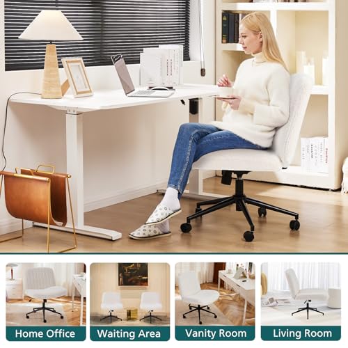 OLIXIS Criss Cross Office Chair, Vanity Chair, Home Office Desk | Wide Seat, Height Adjustable, Comfy Teddy Fleece, Armless No Wheels, Bedroom, Study Room, Beige Wheel Teddy - color: Beige Wheel Teddy