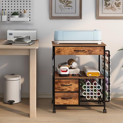 VENNQD Storage Cart Compatible with Cricut Machines Stand Cutting Machine Stand with Drawers and Vinyl Roll Holder Rolling Craft Cabinet Table for Cricut Craft Workstation (Rustic Brown) - color: Rustic Brown