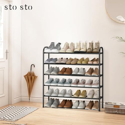 STO STO Expandable Shoe Rack, 5-Tier Metal Shoe Rack for Closet, Up to 24 Pairs Adjustable Shoe Rack Storage for Front Door Entrance, Free Standing Shoe Rack Organizer for Entryway, Black - size: 5-Tier