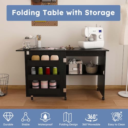 HRVEOCEI 4-in-1 Folding Sewing Table with Storage, Sewing Desk Foldable with Lockable Wheels & Power Socket, Sewings Machine Cabinet & Craft Desk with Shelves, Compact Design (Black, 45 Inch) - color: Black, size: 45 Inch