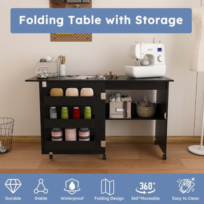 HRVEOCEI 4-in-1 Folding Sewing Table with Storage, Sewing Desk Foldable with Lockable Wheels & Power Socket, Sewings Machine Cabinet & Craft Desk with Shelves, Compact Design (Black, 45 Inch) - color: Black, size: 45 Inch