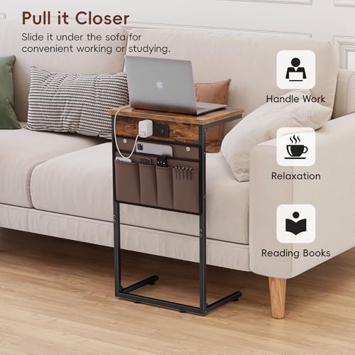 C Shaped End Table with Charging Station, 28" Tall Couch Side Table, Sofa Table Beside Table, Slide Under Sofa Arm C Table for Small Spaces, TV Tray Table for Living Room, Bedroom, Brown - color: Rustic Brown